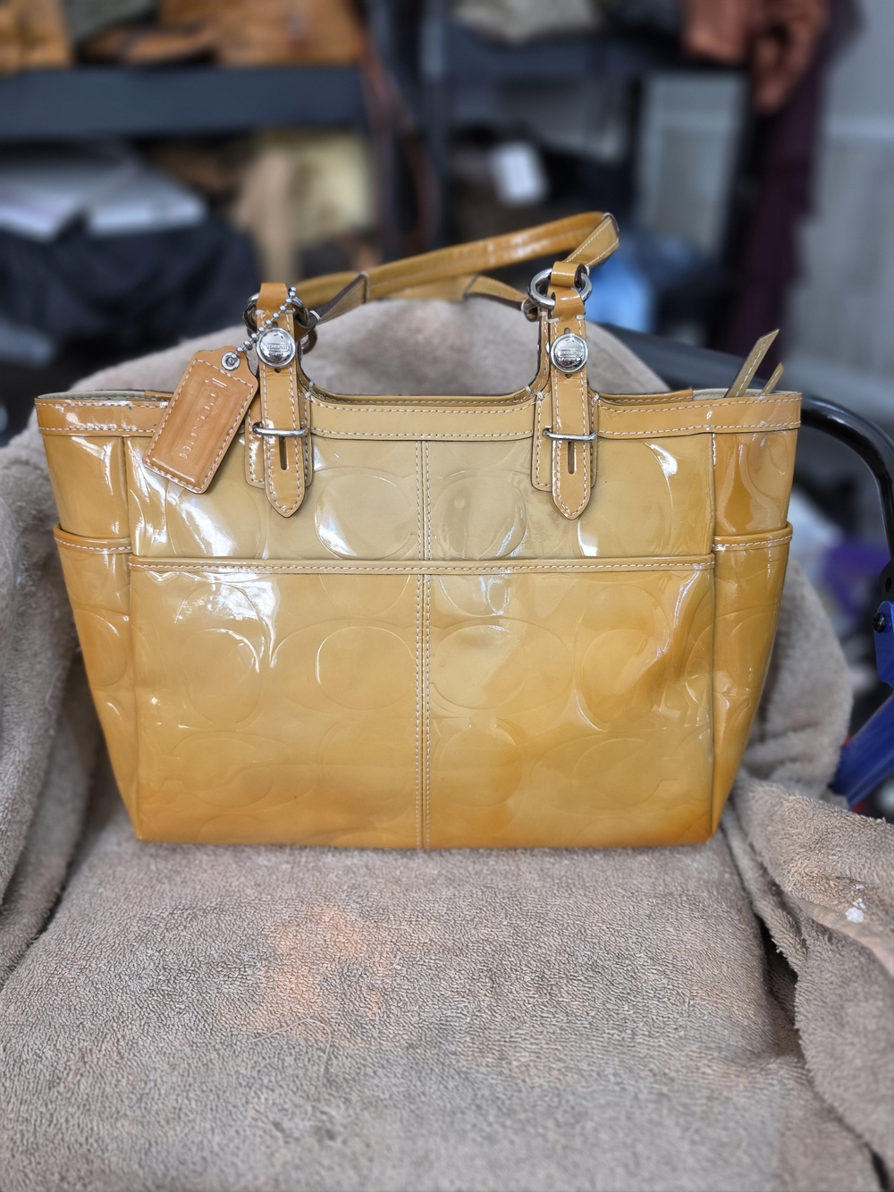 Coach Glossy Honey Patent Tote in Amber